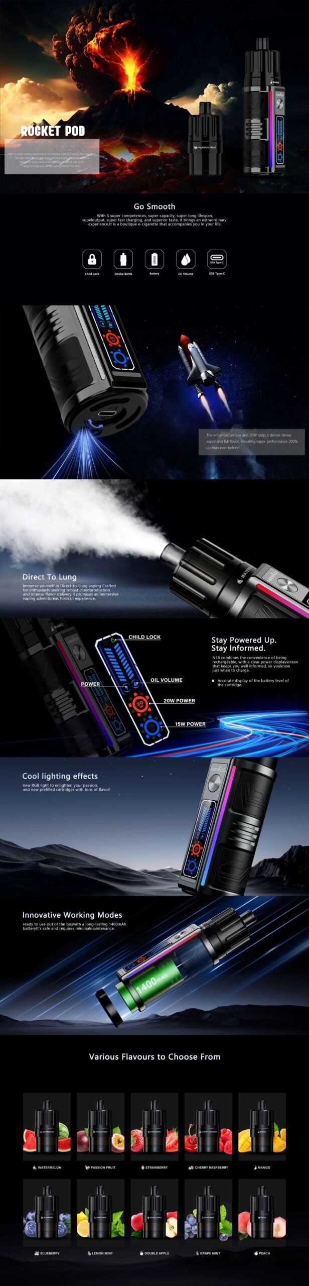 18000 Puffs DTL/DL Disposable Vape E-Shisha/Hookah POD Kit: LED Screen, Adjustable Airflow