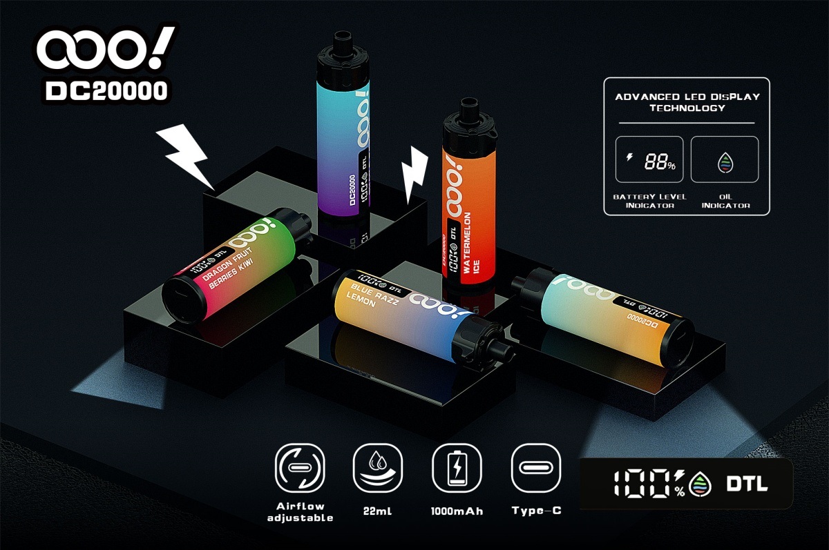 OOO! 20000 Puffs LED Display Screen DL/DTL Disposable Vape POD Adjustable Airflow and Rechargeable Battery